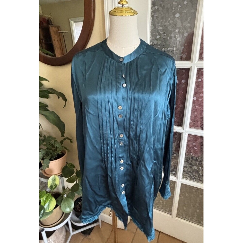Sundance Silk Top Teal Pintuck Fringe XL Tunic
